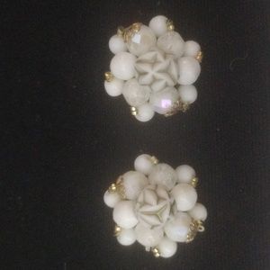 Vintage West Germany Gold Tone White & Iridescent Bead Cluster Clip On Earrings